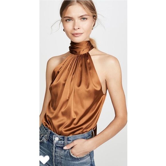 Ramy Brook Lori Halter Tie Back Silk Top in Clay (Red). - Picture 3 of 12